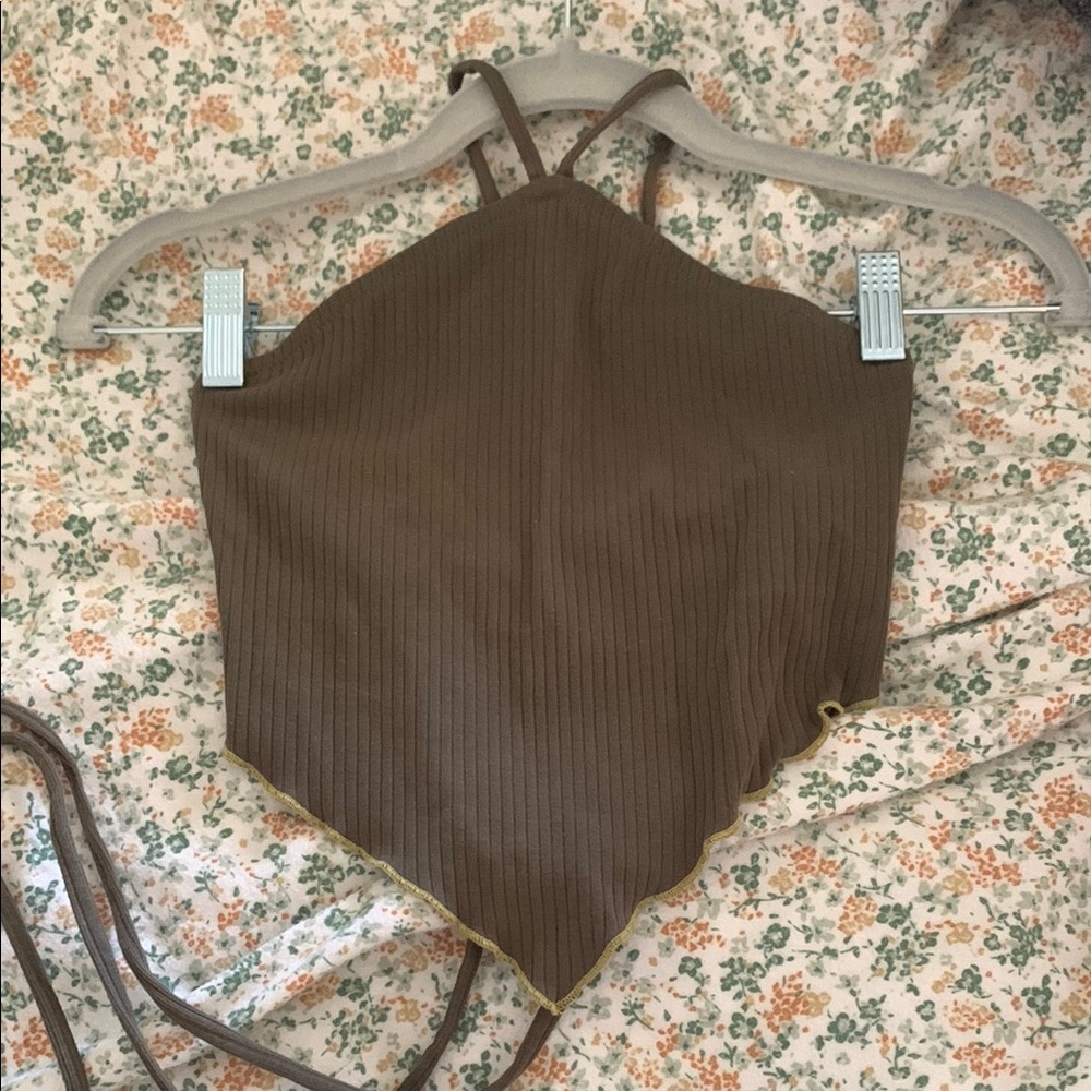 Wild Fable Olive Green Ribbed Crop Halter Top with Lace Back